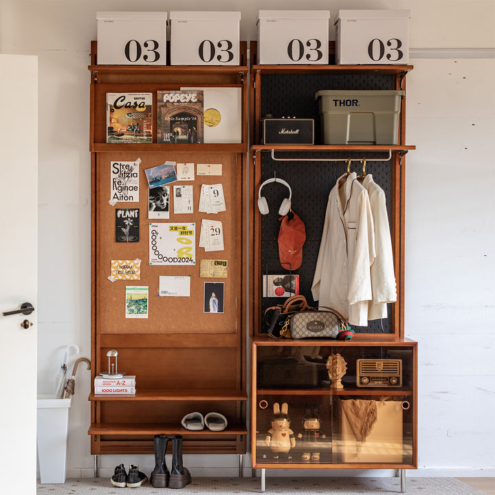 Vintage boxwood modular hanging wall shelf system muse entryway with context.