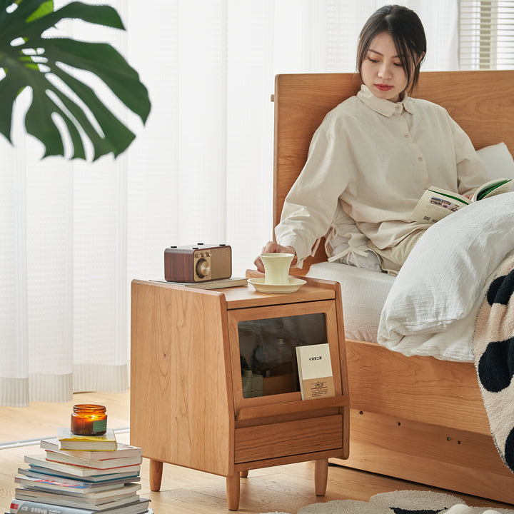 Scandinavian cherry wood side table shell with context.