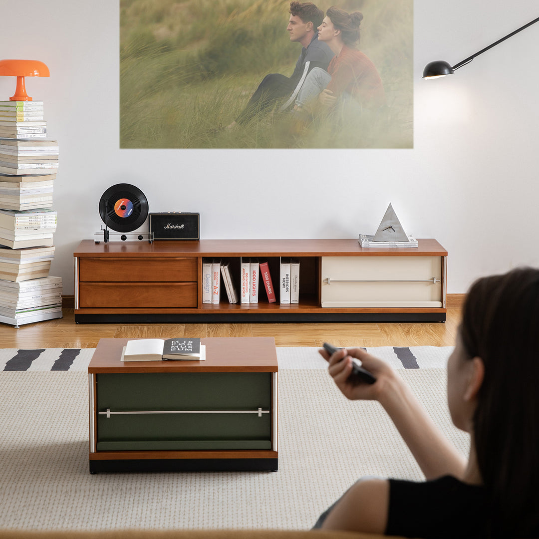 Vintage boxwood modular tv console silver wing with context.