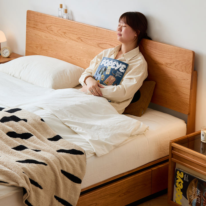 Scandinavian cherry wood storage bed toast in details.