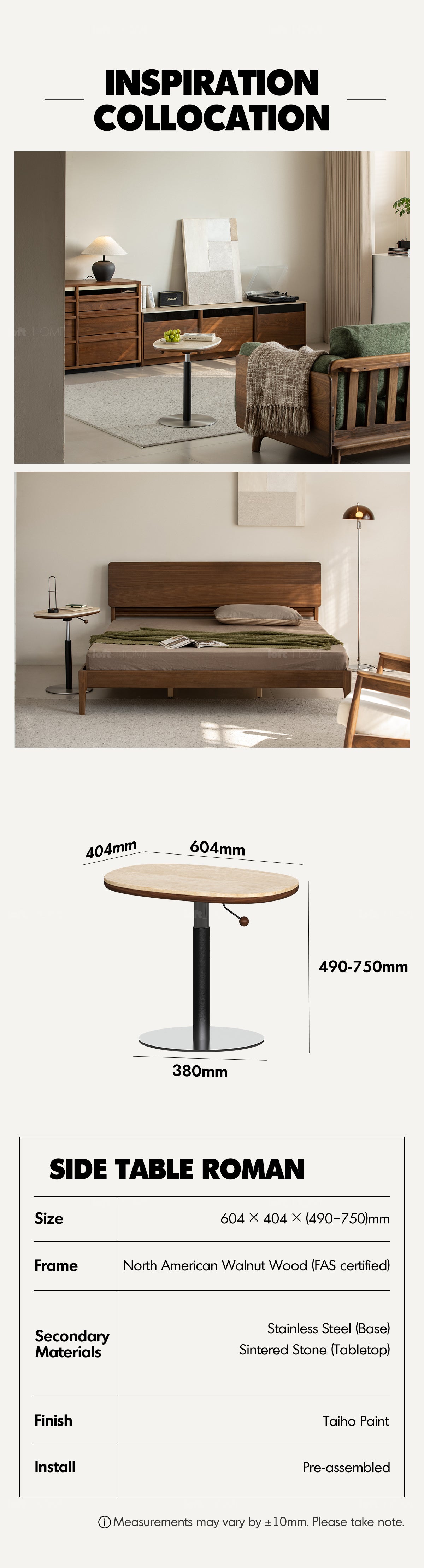 Japandi Sintered Stone Walnut Wood Height Adjustable Side Table ROMAN Good to Know - 8