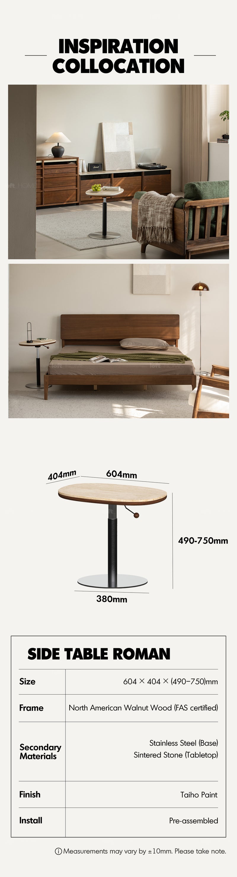 Japandi Sintered Stone Walnut Wood Height Adjustable Side Table ROMAN Good to Know - 8