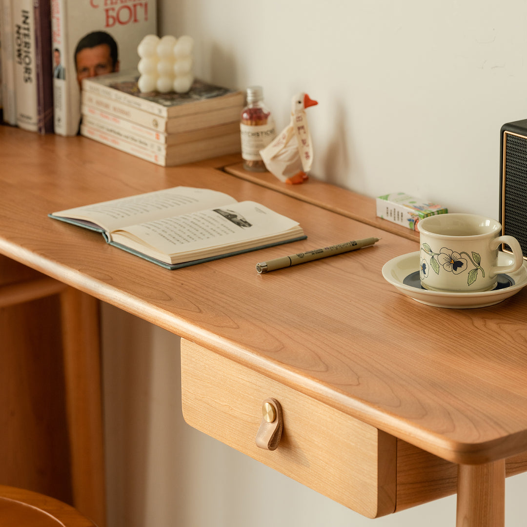 Scandinavian cherry wood study table kashima in close up details.