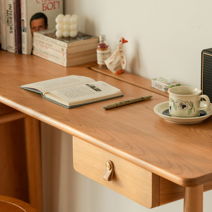 Scandinavian cherry wood study table kashima in close up details.
