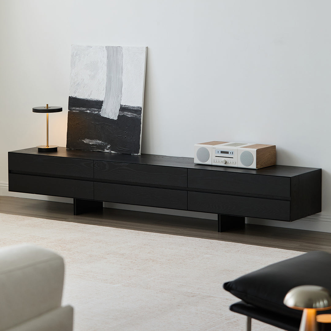 Minimalist ash wood tv console shadow in details.