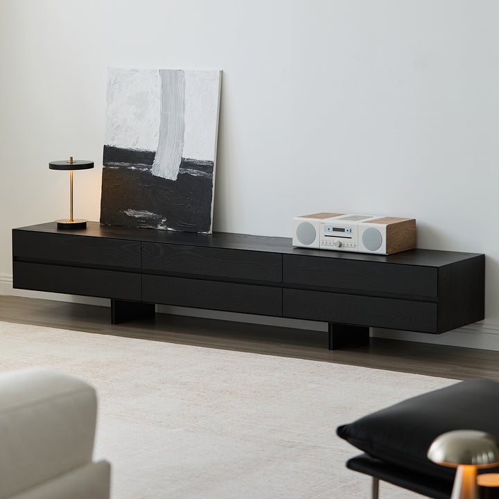 Minimalist ash wood tv console shadow in details.