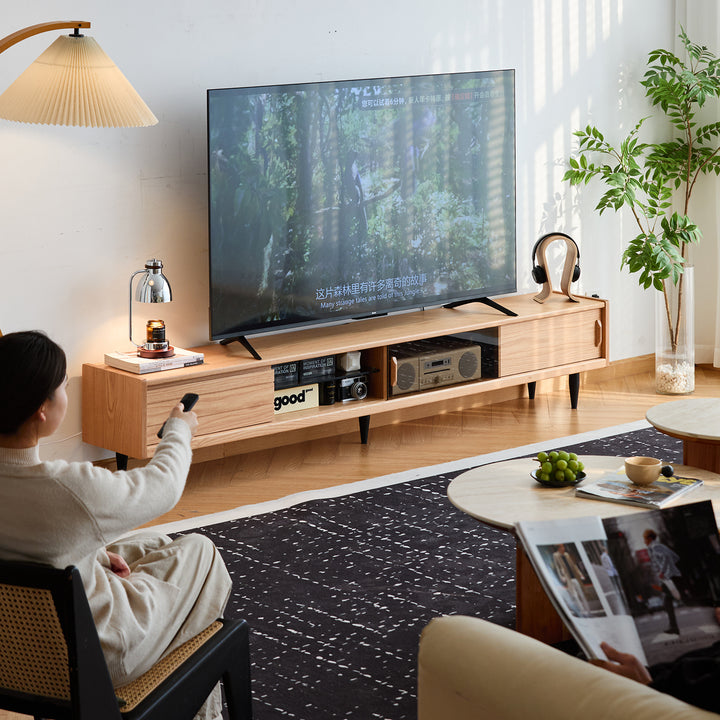 Scandinavian oak wood tv console lyne in still life.