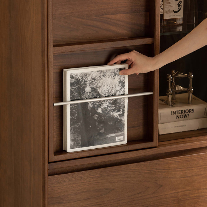 Vintage walnut wood side cabinet vista in panoramic view.
