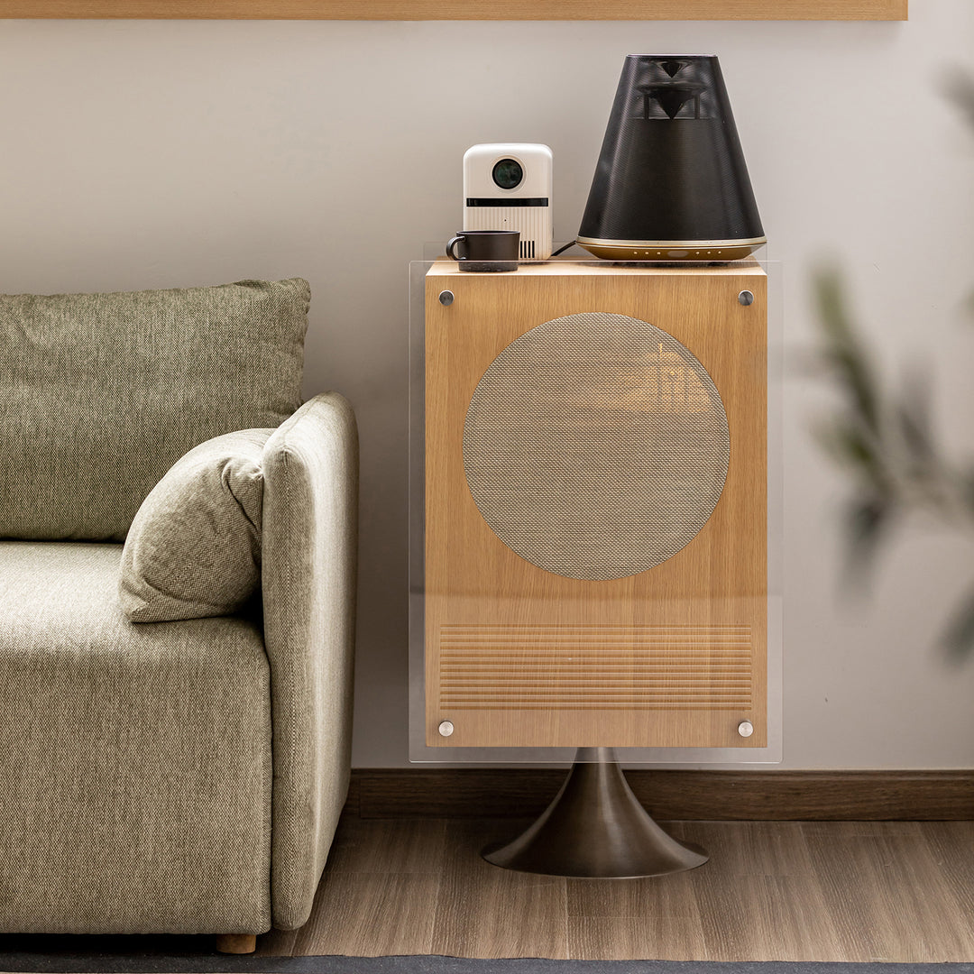 Minimalist oak wood veneer revolving side table muse in close up details.