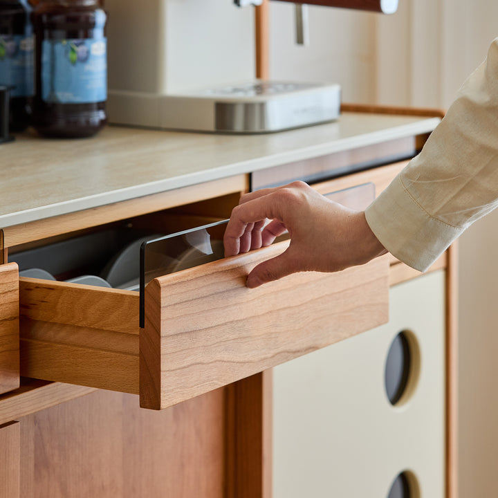 Scandinavian sintered stone storage side cabinet time in close up details.