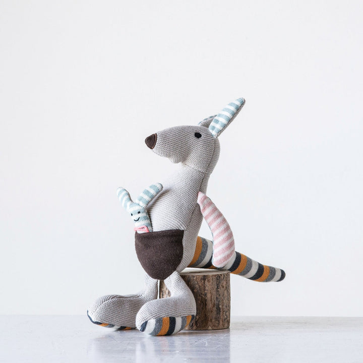 9-1/2"l x 12"h cotton knit kangaroo w/ joey, grey w/ multi color stripes decor primary product view.