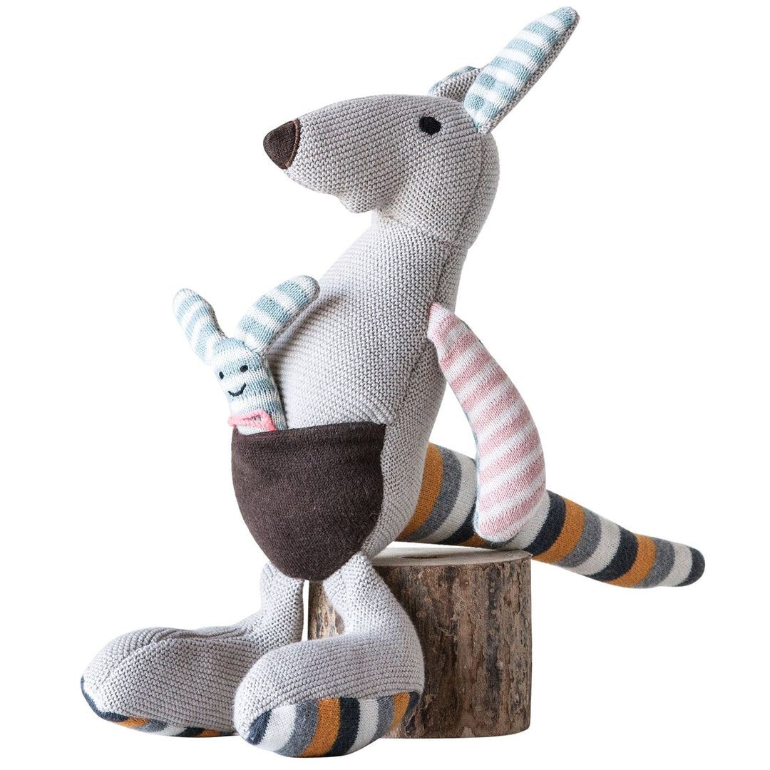 9-1/2"l x 12"h cotton knit kangaroo w/ joey, grey w/ multi color stripes decor in white background.