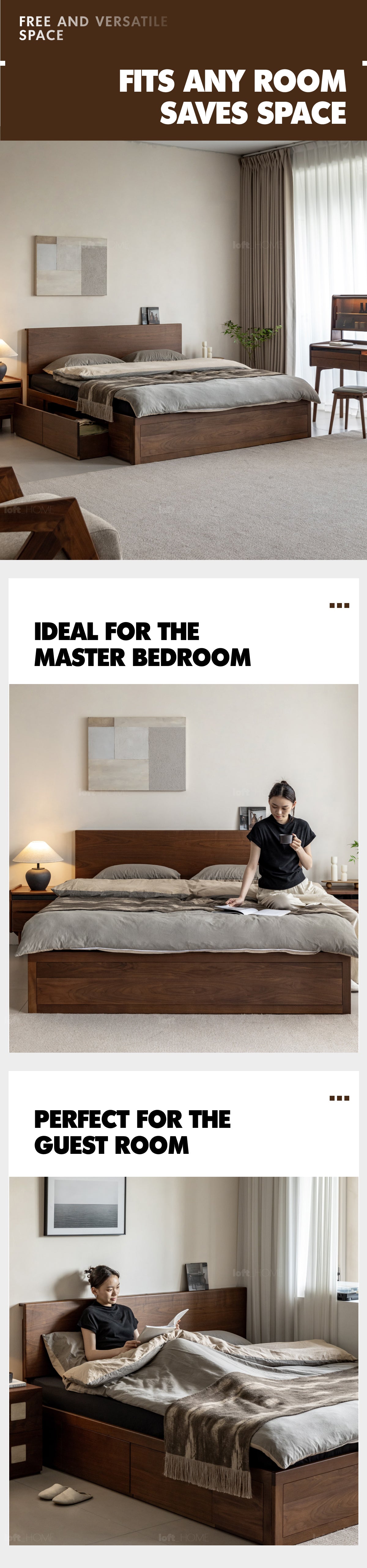 Japandi Walnut Wood Lift-Up Storage Bed With Drawer KANGAROO Good to Know - 9