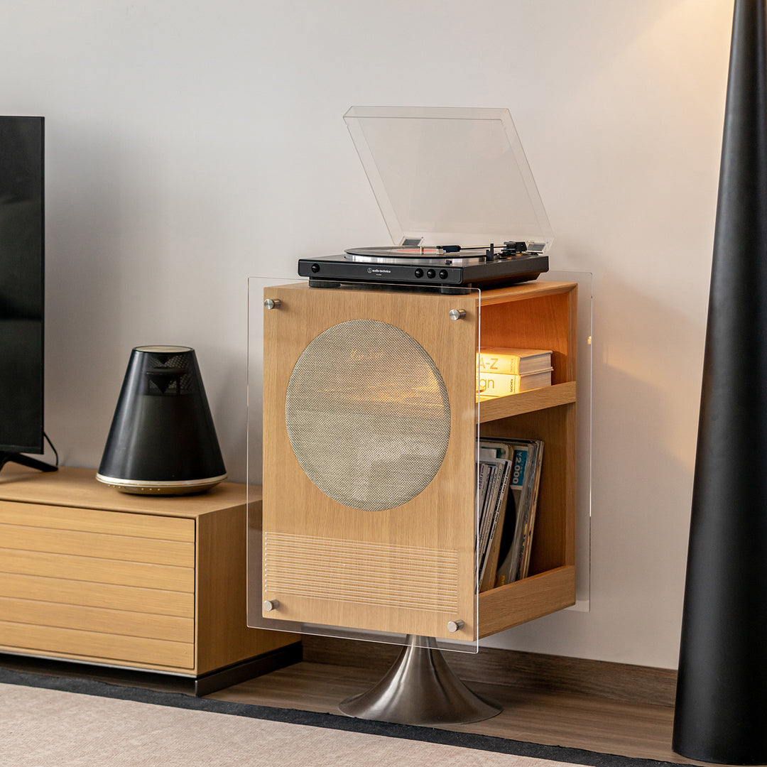 Minimalist oak wood veneer revolving side table muse in panoramic view.