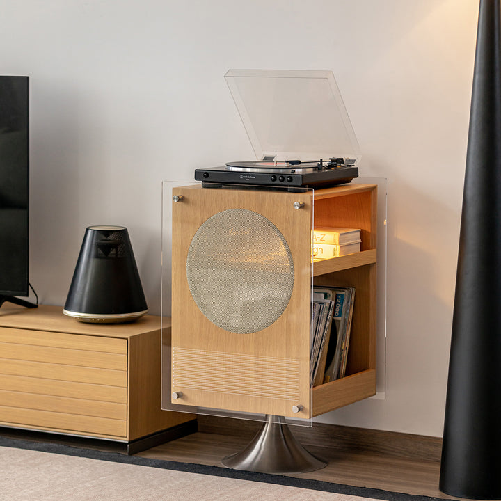 Minimalist oak wood veneer revolving side table muse in panoramic view.