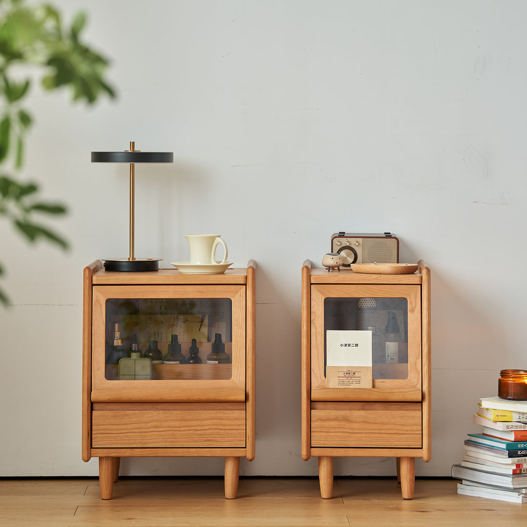 Scandinavian cherry wood side table shell in close up details.