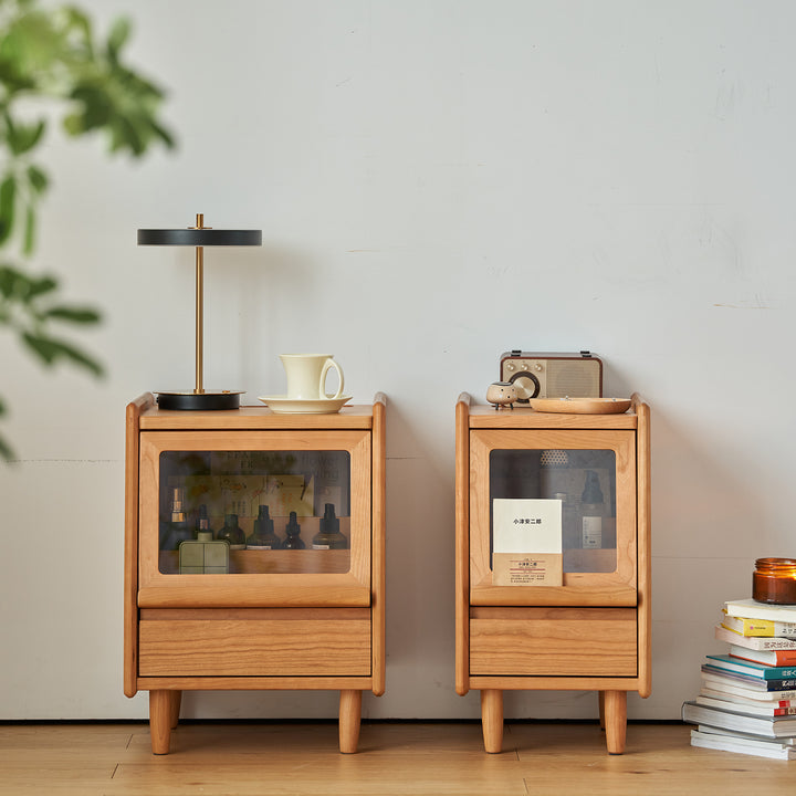 Scandinavian cherry wood side table shell in close up details.
