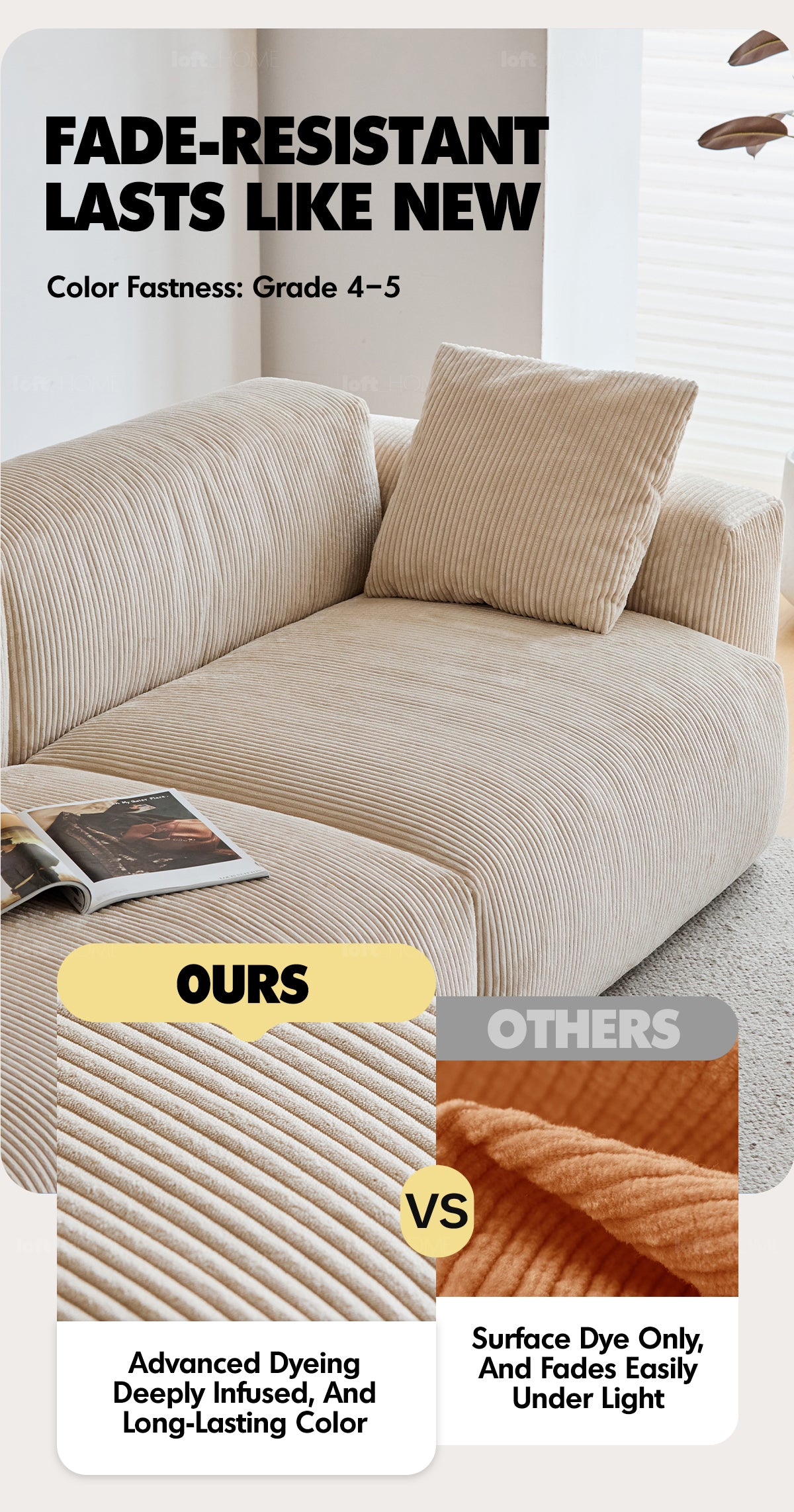 Cream Corduroy Velvet Fabric 1 Seater Sofa SQUARE Good to Know - 9