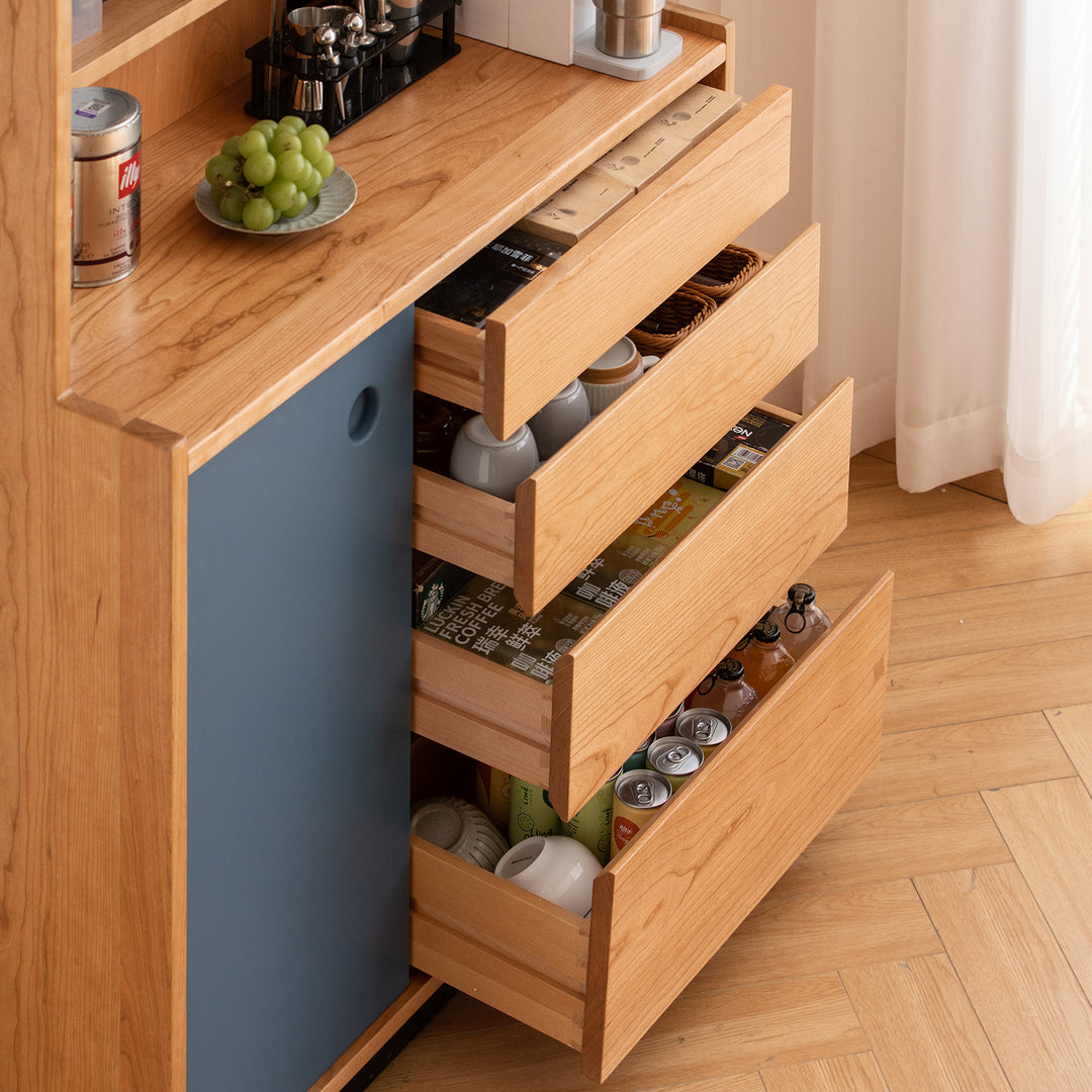 Scandinavian cherry wood storage side cabinet time in panoramic view.