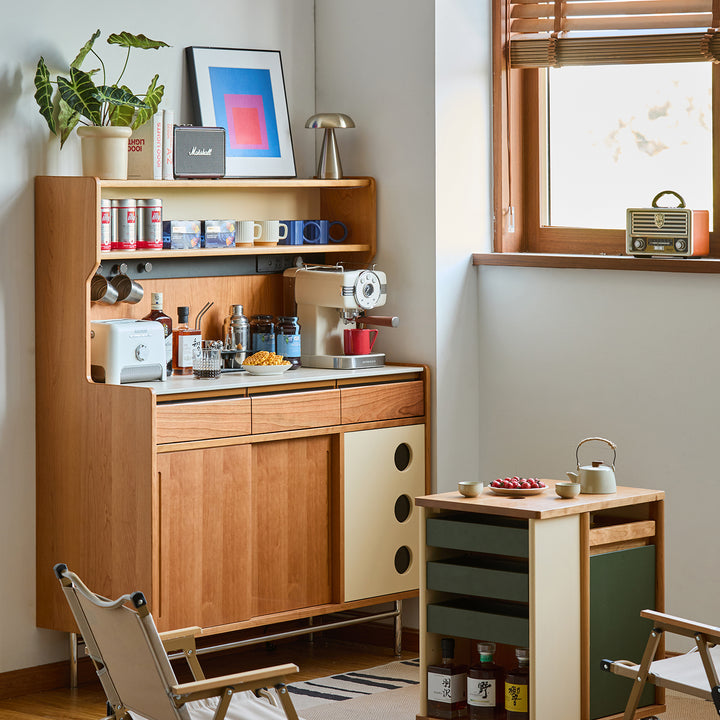 Scandinavian sintered stone storage side cabinet time in panoramic view.