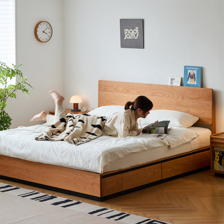 Scandinavian cherry wood storage bed toast in panoramic view.