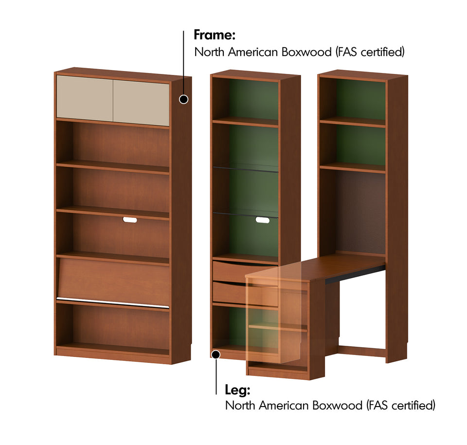 Bauhaus Boxwood Extendable Study Desk Bookshelf MIES Material Details Chart