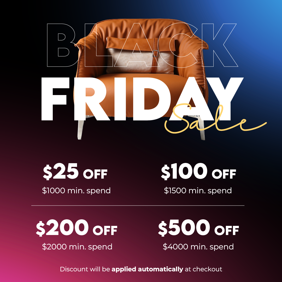 Black Friday Sale promotional banner with discount offers starting from $25 to $500, featuring a stylish orange leather armchair and vibrant gradient background, exclusively on LoftHome.