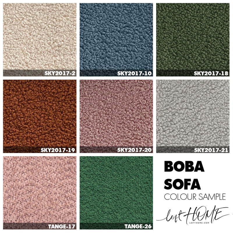 Cream boucle fabric 3 seater sofa boba material variants.