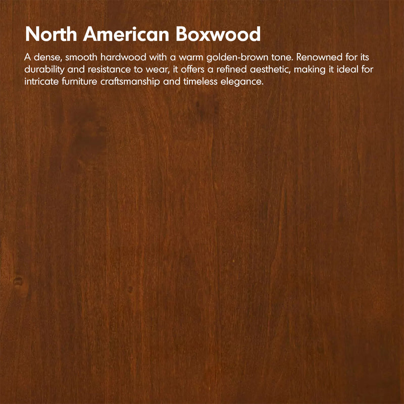 North American Boxwood wood sample with descriptive text on a brown background
