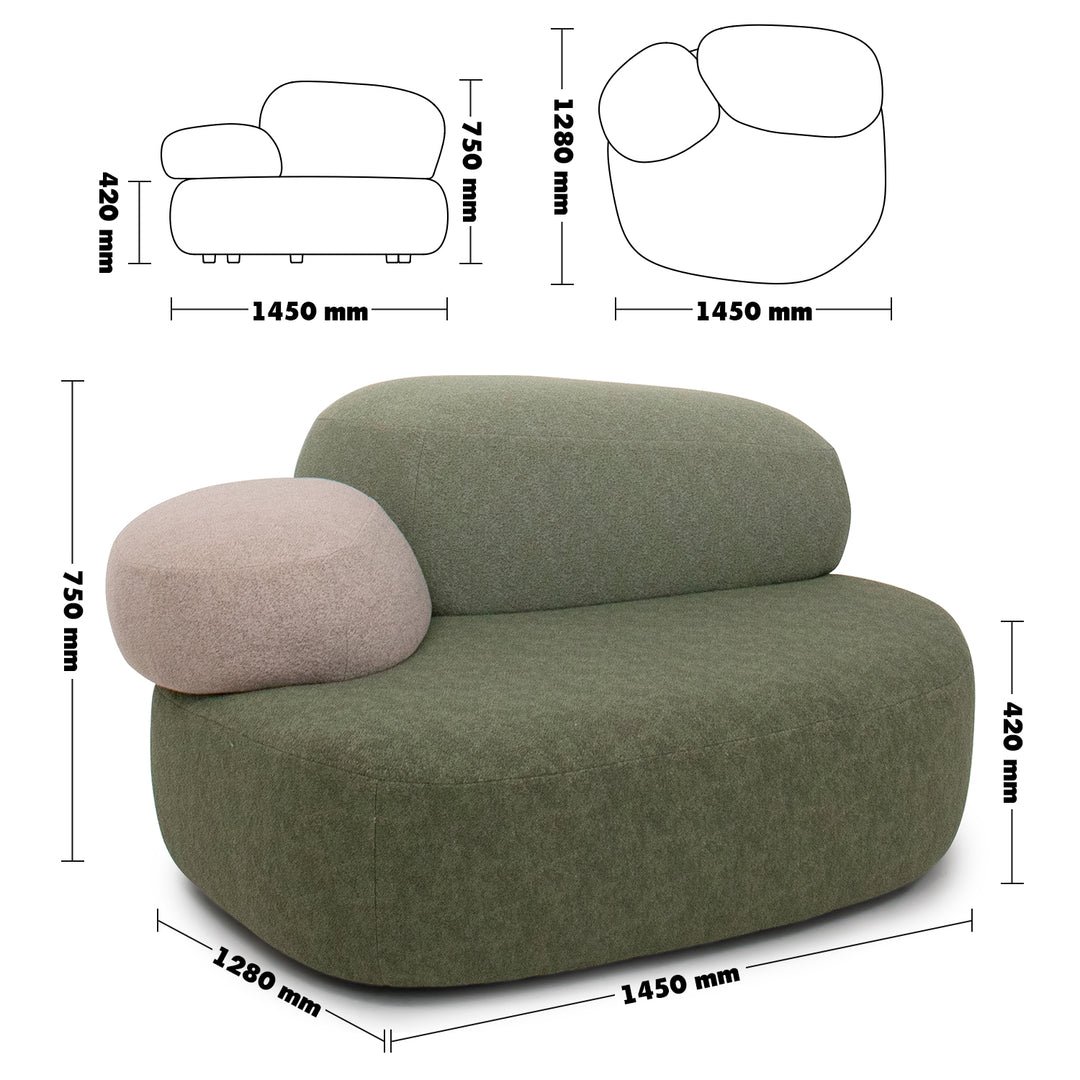 Contemporary fabric 1 seater sofa pebble size charts.