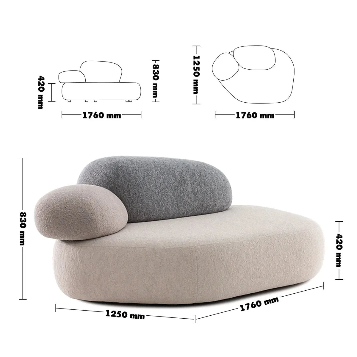 Bauhaus fabric 2 seater sofa pebble size charts.
