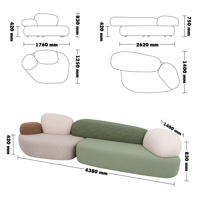 Bauhaus Fabric 7 Seater Sofa PEBBLE Size Chart