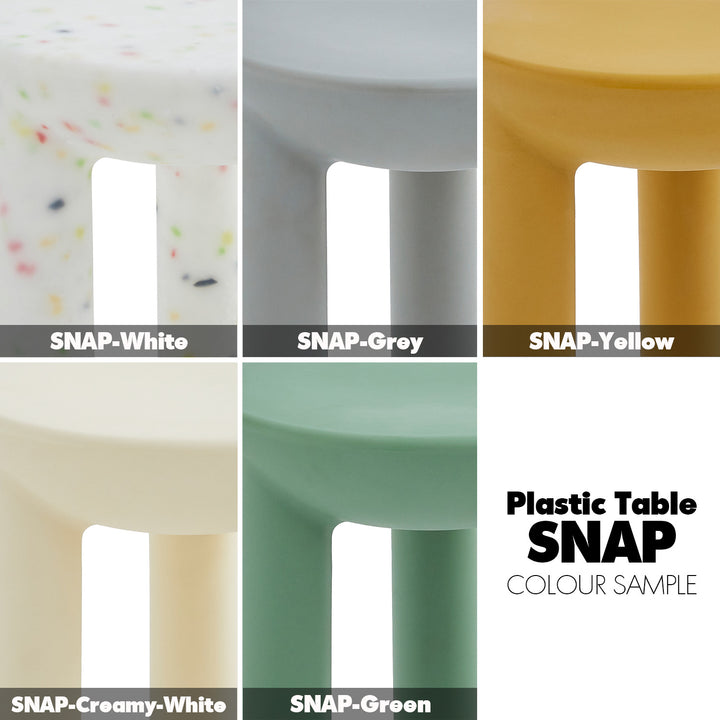 Contemporary plastic side table snap in close up details.