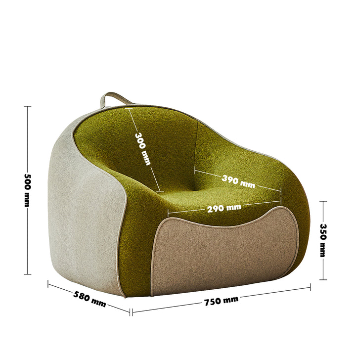 Contemporary wool fabric kids 1 seater sofa avocado size charts.