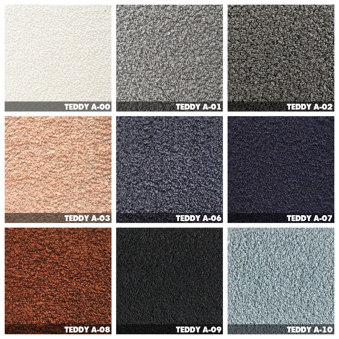 Contemporary boucle fabric 2 seater sofa soriana color swatches.