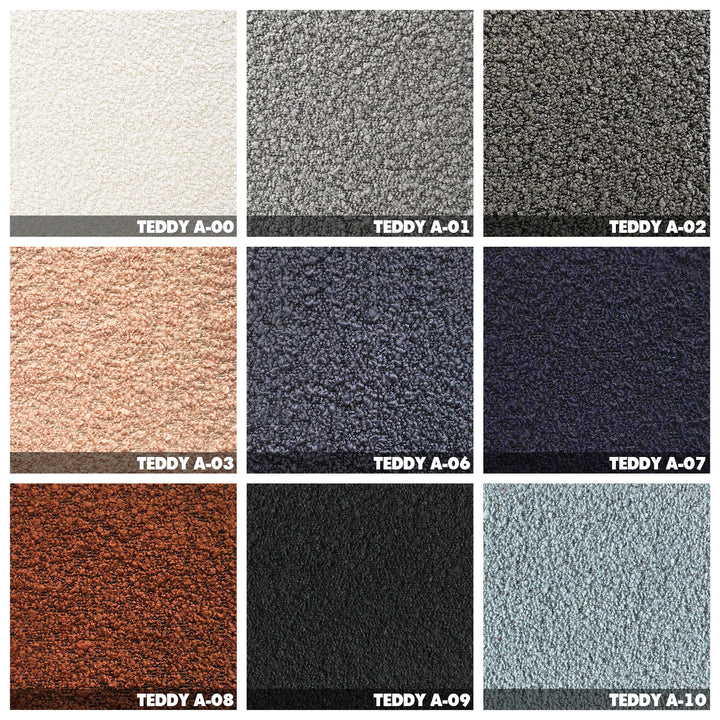 Contemporary boucle fabric 2 seater sofa soriana color swatches.