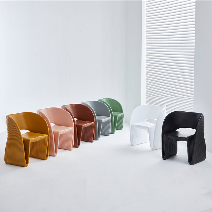 Contemporary plastic dining chair flip color swatches.