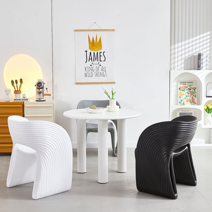 Contemporary plastic dining chair flip in panoramic view.