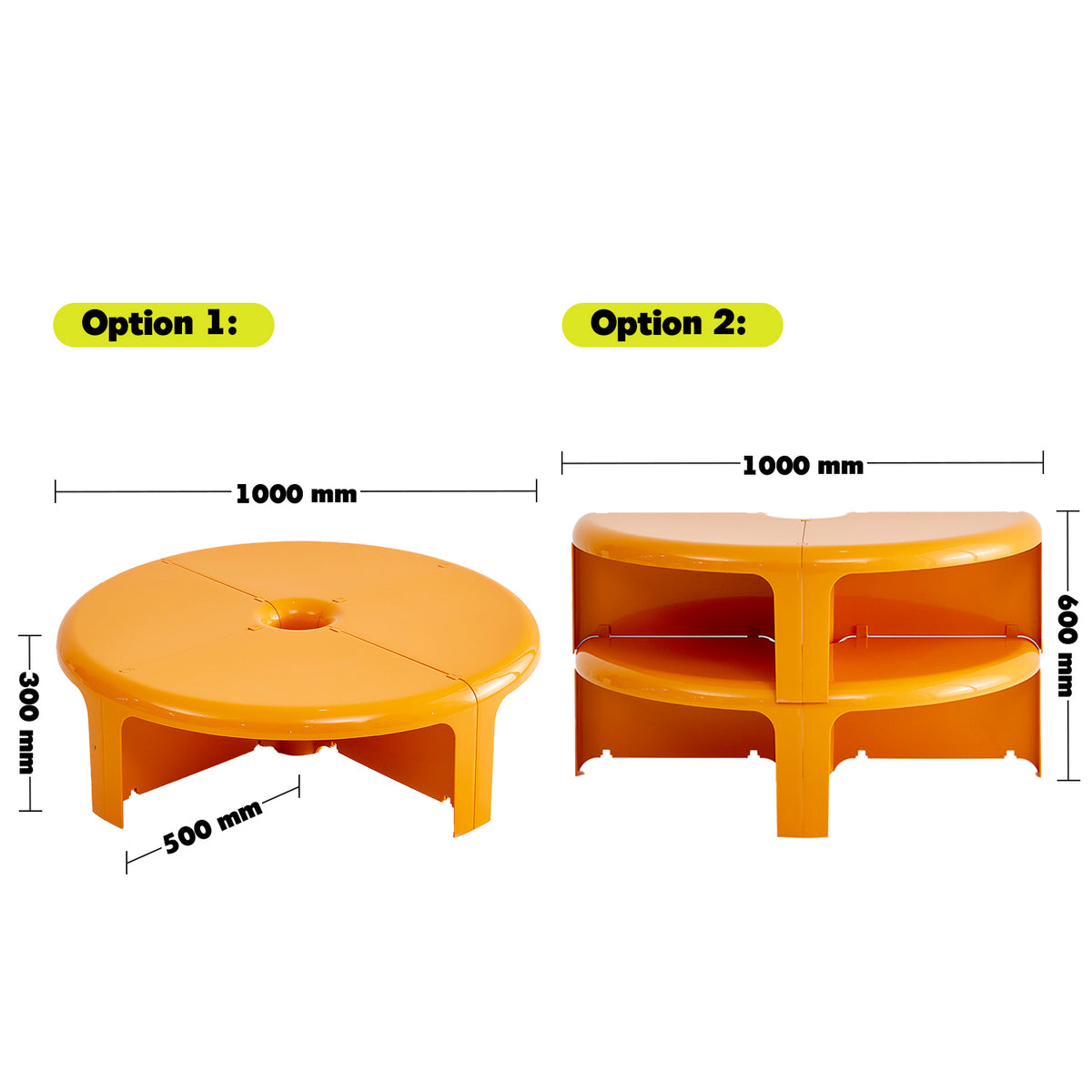 Two yellow plastic tables with dimensions labeled on a white background