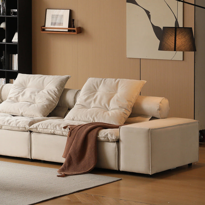 Contemporary suede fabric modular sectional 4 seater sofa bloom in still life.
