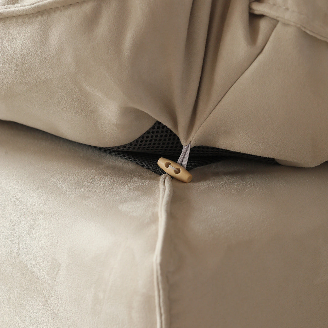 Contemporary suede fabric modular sectional 4 seater sofa bloom in close up details.