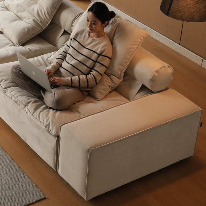 Contemporary suede fabric modular sofa armrest bloom color swatches.