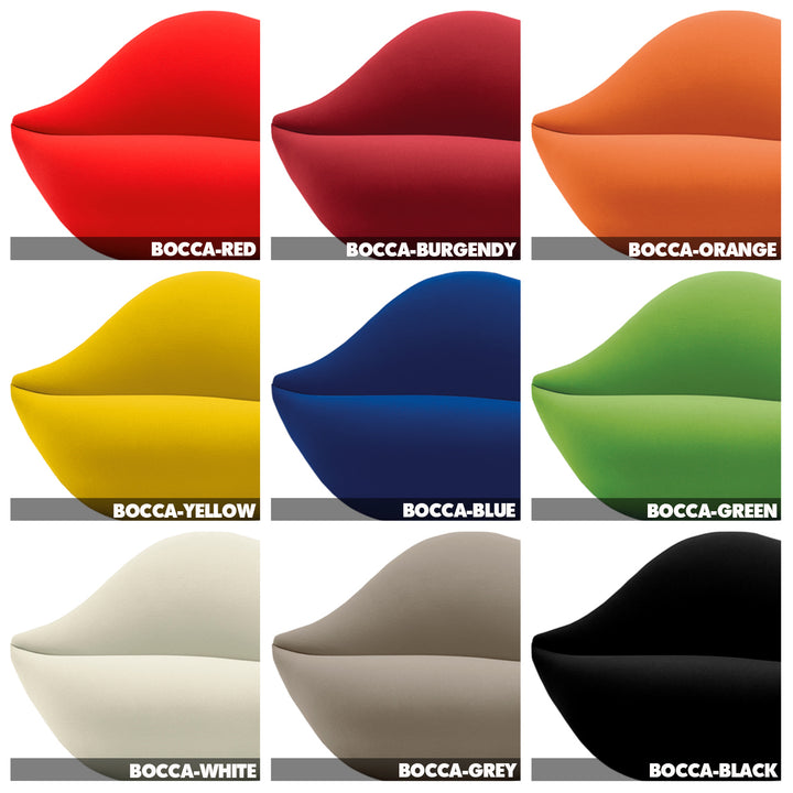 Contemporary velvet 2 seater sofa bocca color swatches.