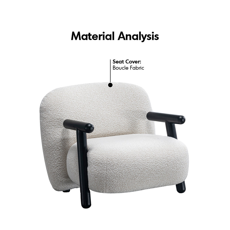 Cream boucle fabric 1 seater sofa with armrest malt in details.