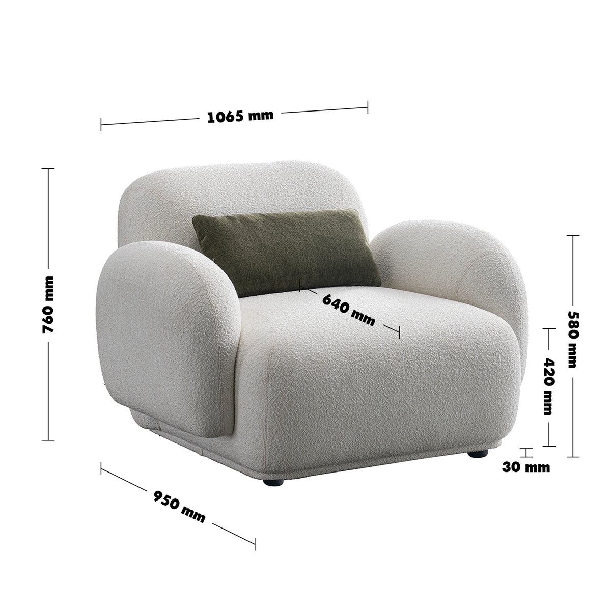 Cream boucle fabric 1 seater sofa pluum size charts.