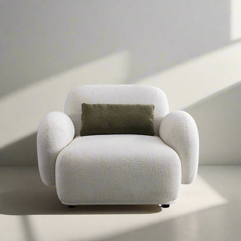 Cream boucle fabric 1 seater sofa pluum color swatches.