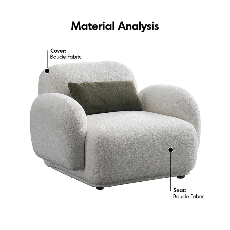 Cream boucle fabric 1 seater sofa pluum with context.