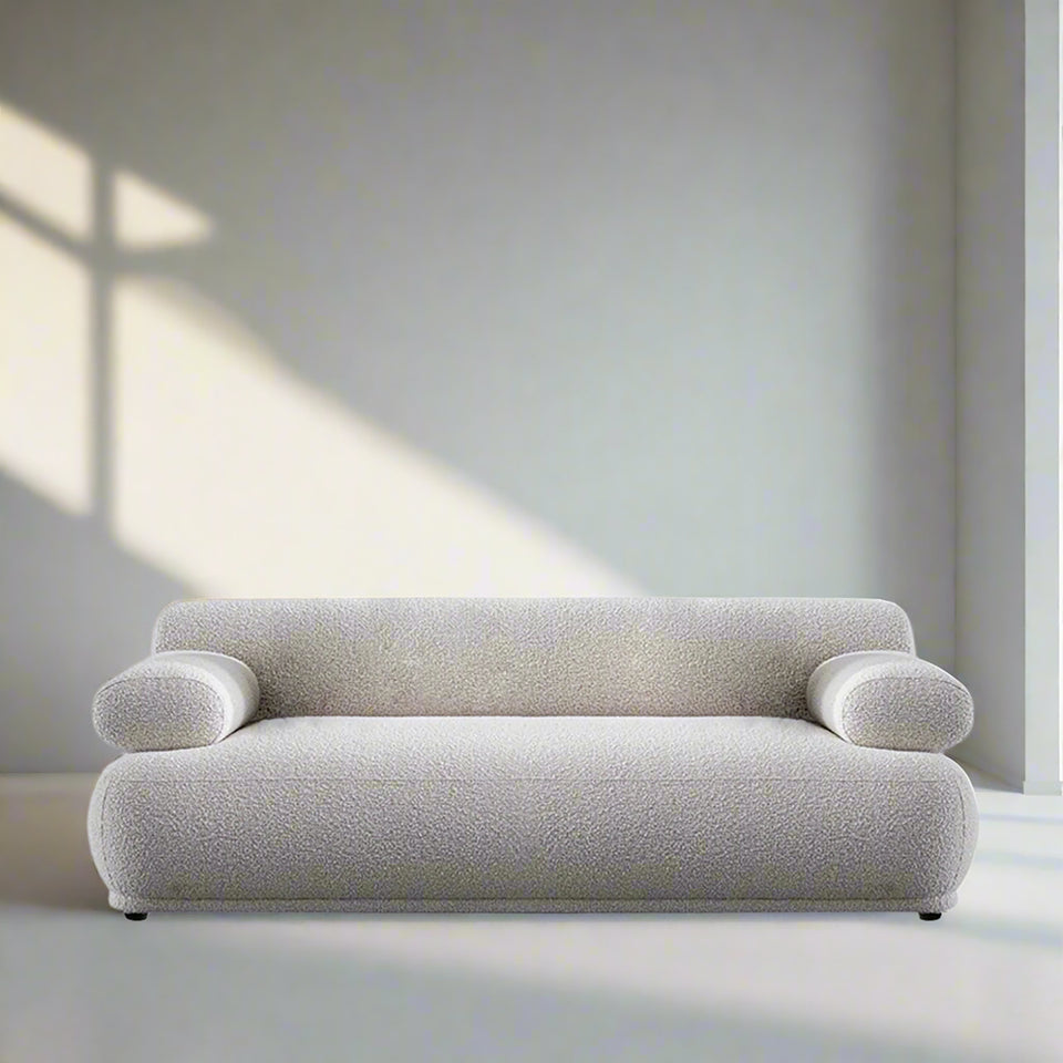 Cream boucle fabric 2 seater sofa mochi color swatches.