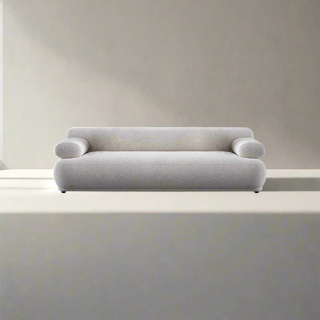 Cream boucle fabric 3 seater sofa mochi color swatches.