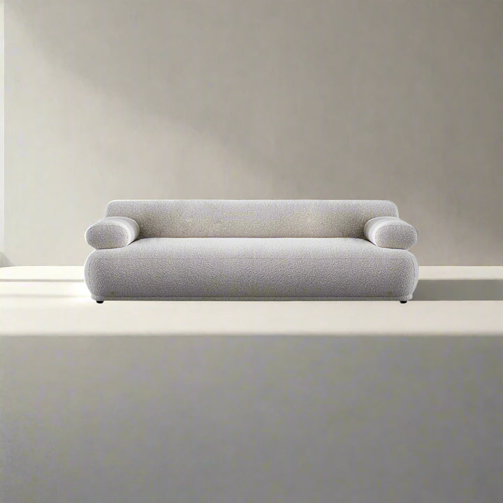Cream boucle fabric 3 seater sofa mochi color swatches.